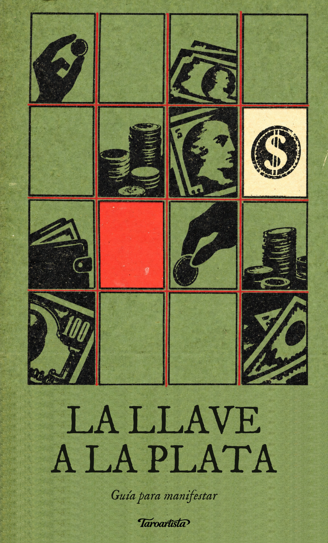 Portada verde de La llave a la plata, con grilla de ilustraciones de dinero en negro y rojo